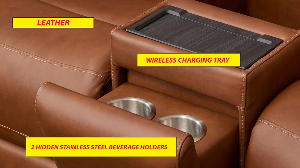 Big Spring 6-Piece Modular Leather Sectional - Zero Gravity Power Reclining with USB Ports - Saddle Brown