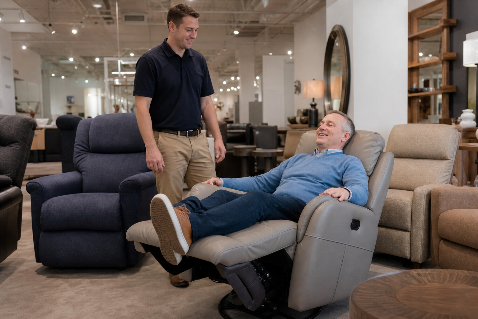Customer choosing the perfect recliner chair in showroom