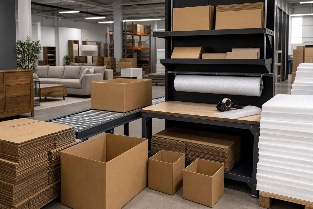 Warehouse packing station for recliner furniture