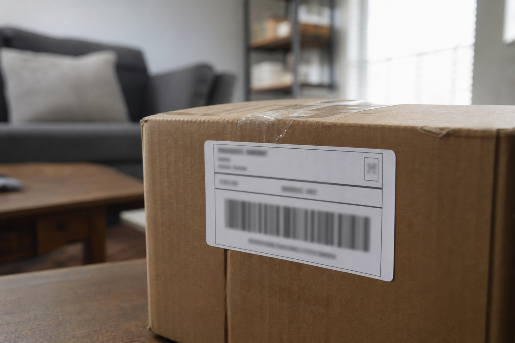 Shipping label on furniture carton