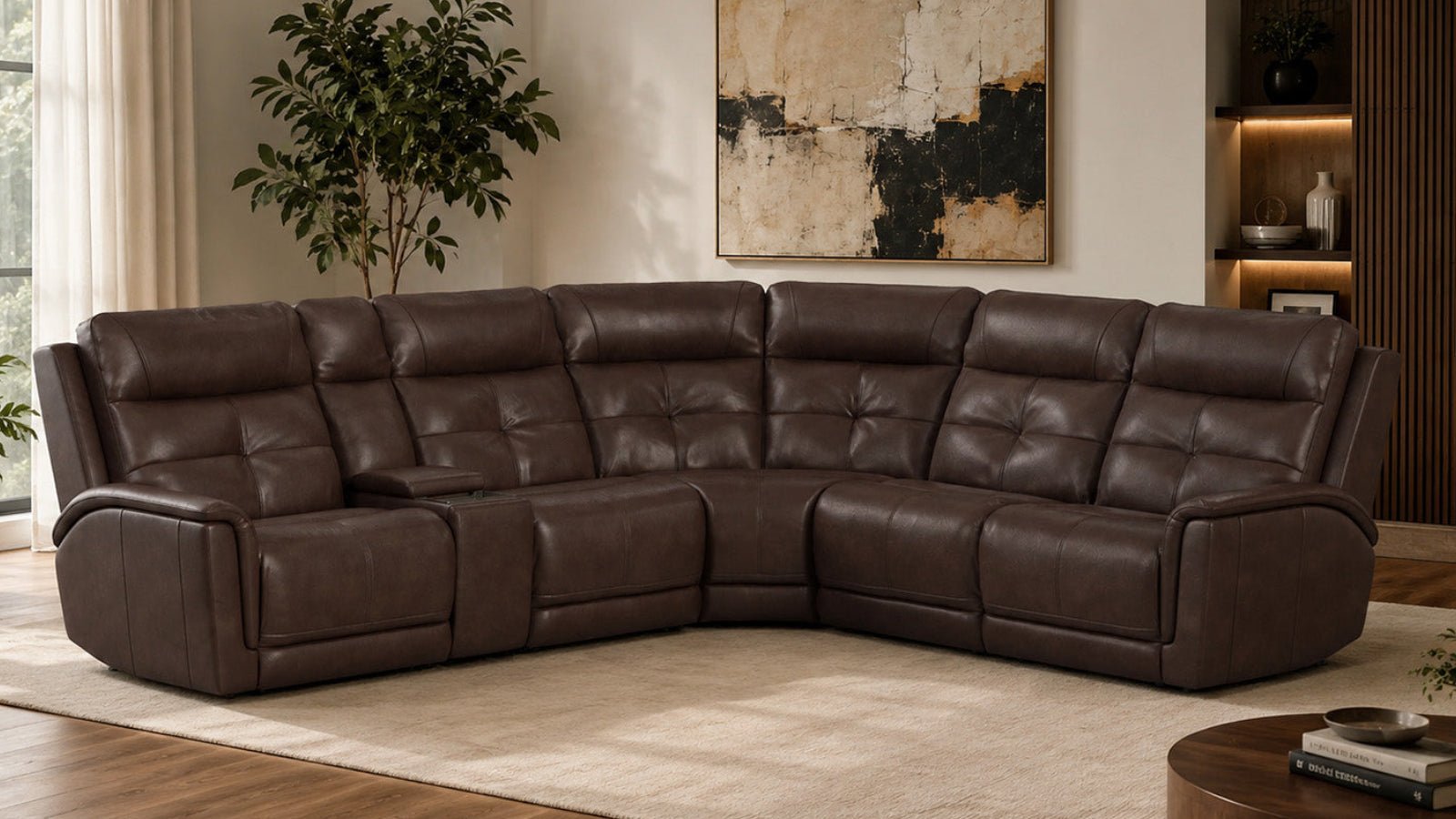 CLOUD NINE STITCH BROWN MODULAR LEATHER POWER MOTION SECTIONAL