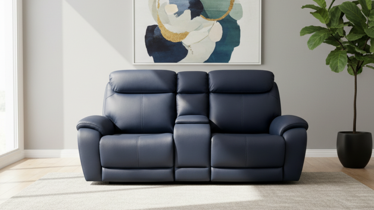 Cordova Steel Blue Power Recling Love Seat W/Console