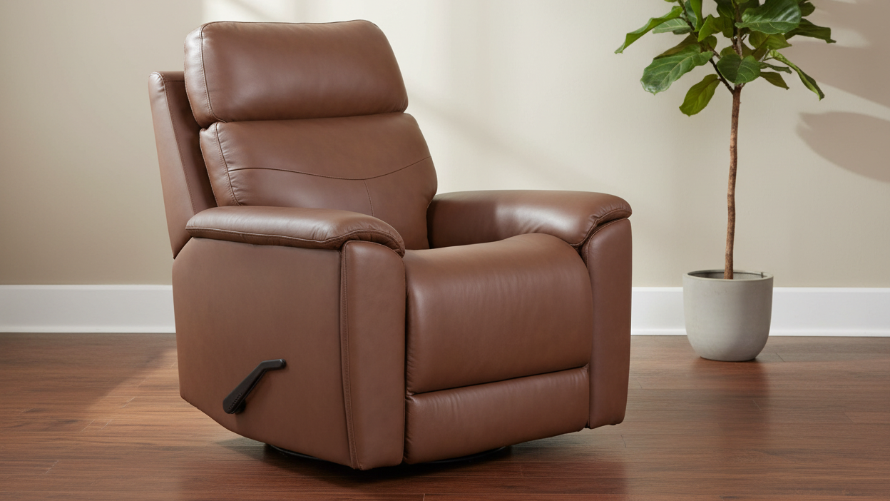 Perfect Match Refined Hickory Brown Leather Match Manual Swivel Rocker Recliner – Upholstered Living Room Chair | Gallery Furniture