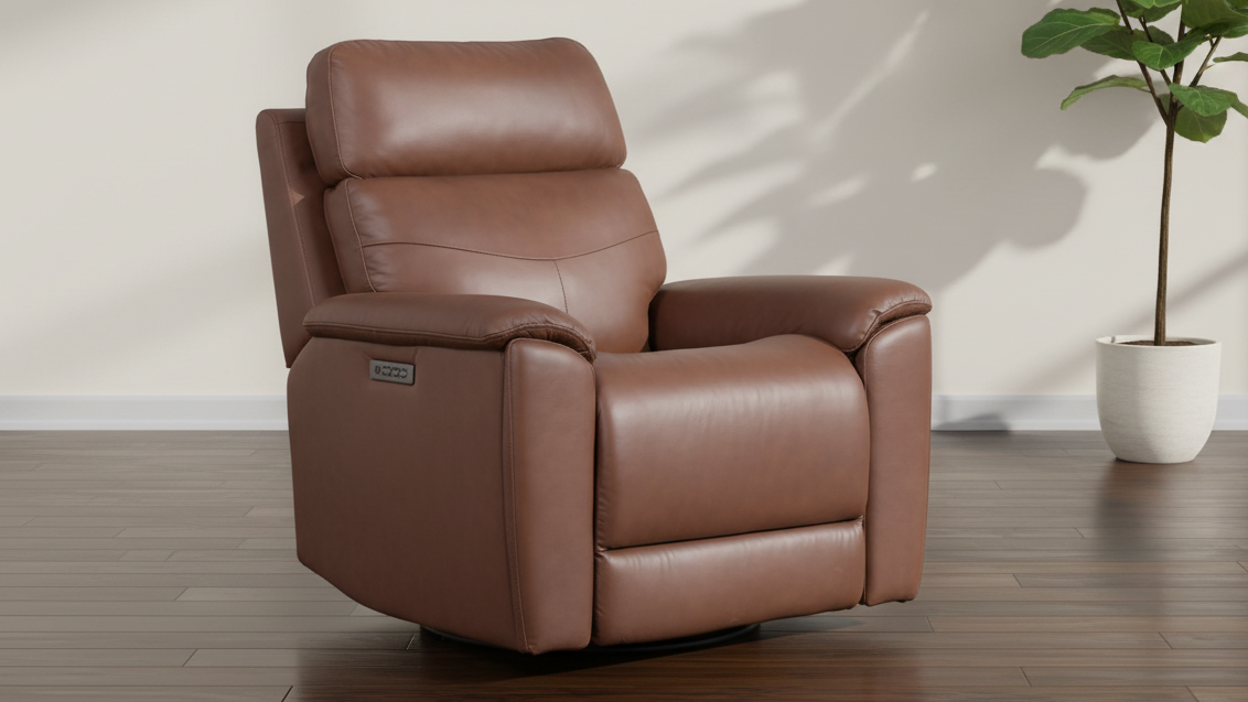 Perfect Match Refined Hickory Brown Leather Match Power Swivel Rocker Recliner – Upholstered Living Room Chair | Gallery Furniture