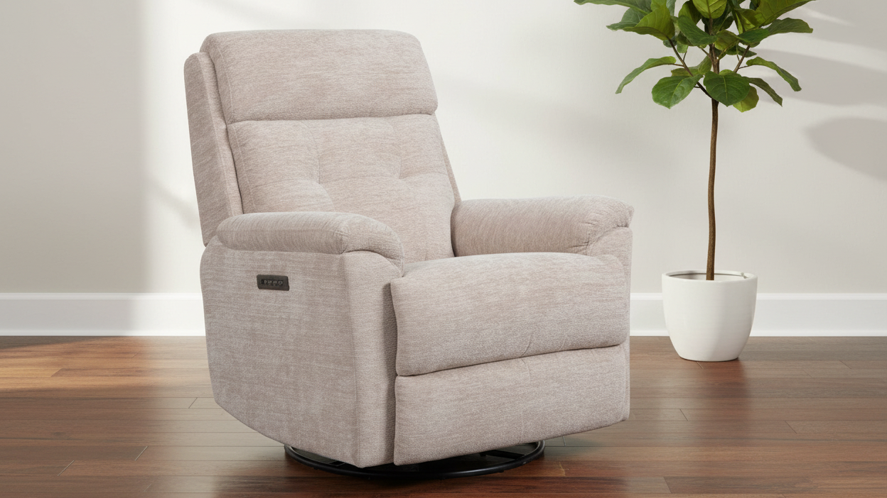 Perfect Match Sophisticated Oat Power Swivel Recliner – Upholstered Living Room Chair | Gallery Furniture