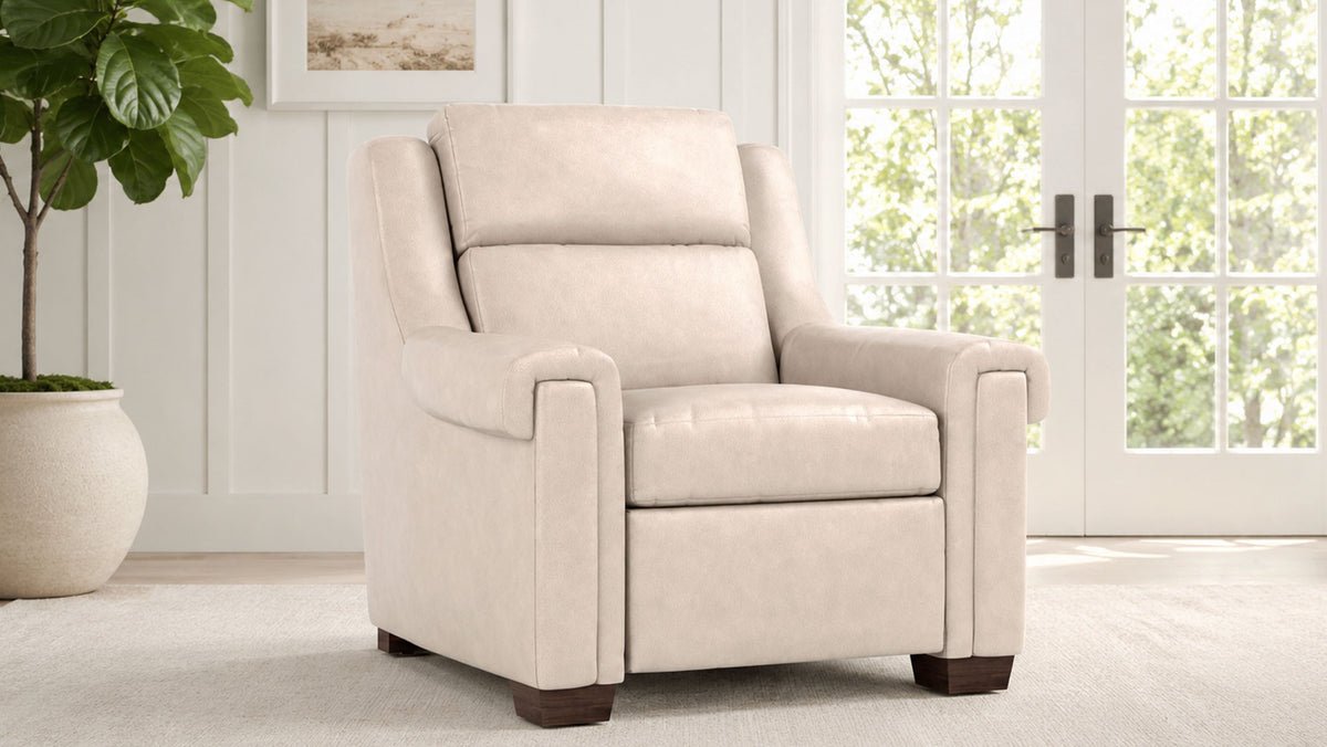 Stickley Chester Sorrento Moonshine Top Grain Leather Wall Hugging Power Leather Recliner