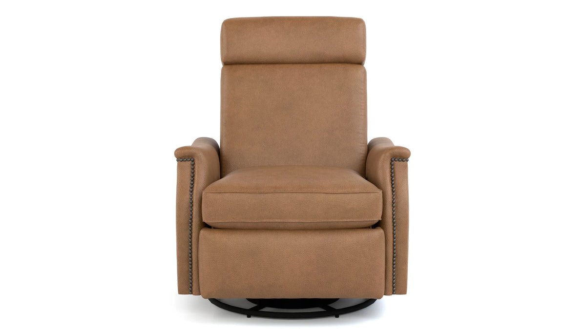 Stickley Laurel Saddle Arm Butternut Top Grain Leather Manual Push Back Swivel Base Recliner