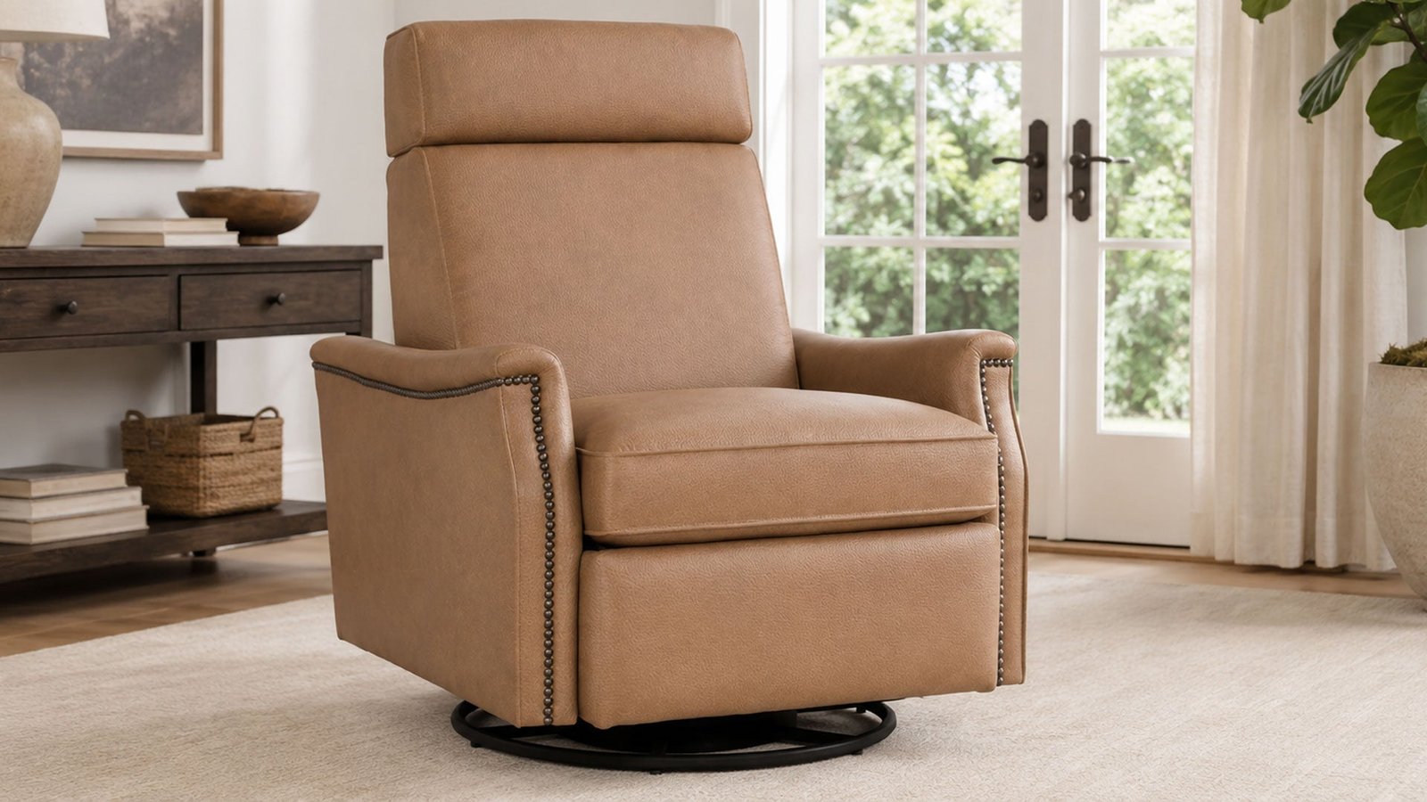Stickley Laurel Saddle Arm Butternut Top Grain Leather Manual Push Back Swivel Base Recliner
